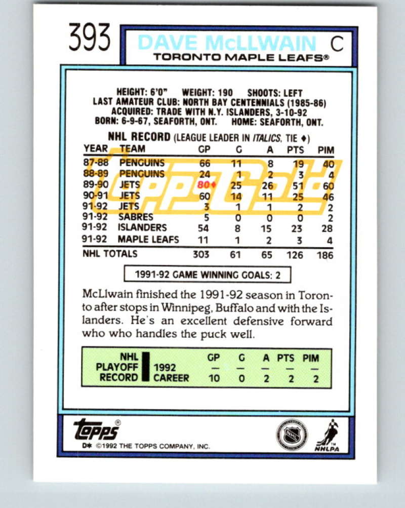 1992-93 Topps Gold #393G Dave McLlwain Mint Toronto Maple Leafs