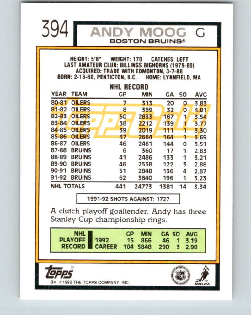 1992-93 Topps Gold #394G Andy Moog Mint Boston Bruins