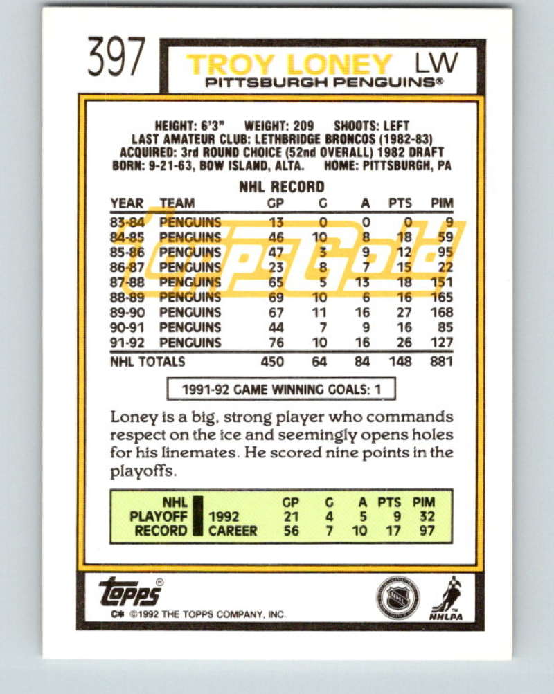 1992-93 Topps Gold #397G Troy Loney Mint Pittsburgh Penguins Image 2