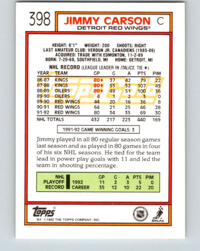 1992-93 Topps Gold #398G Jimmy Carson Mint Detroit Red Wings Image 2