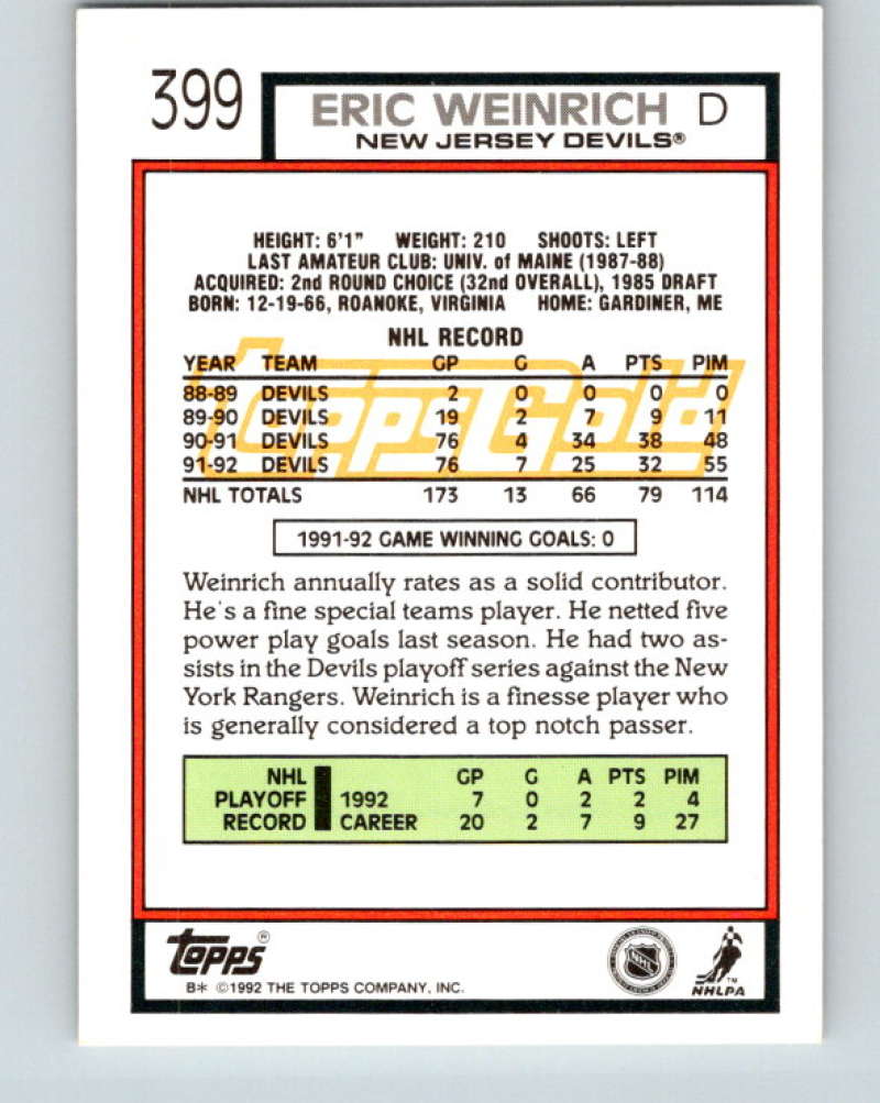 1992-93 Topps Gold #399G Eric Weinrich Mint New Jersey Devils Image 2