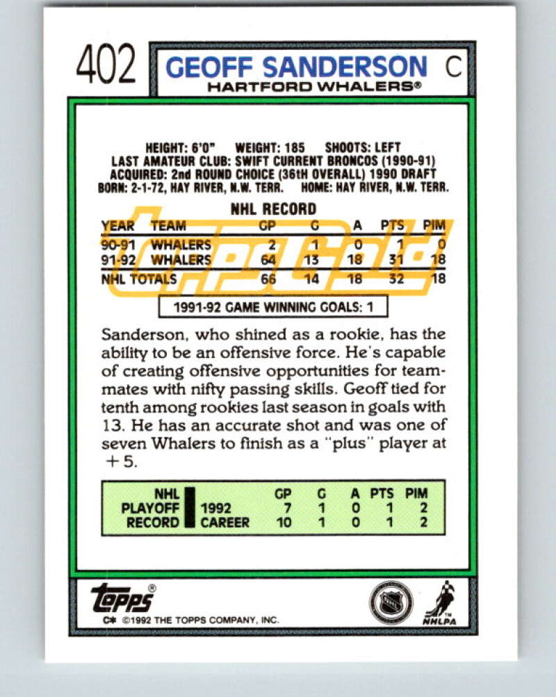 1992-93 Topps Gold #402G Geoff Sanderson Mint Hartford Whalers Image 2