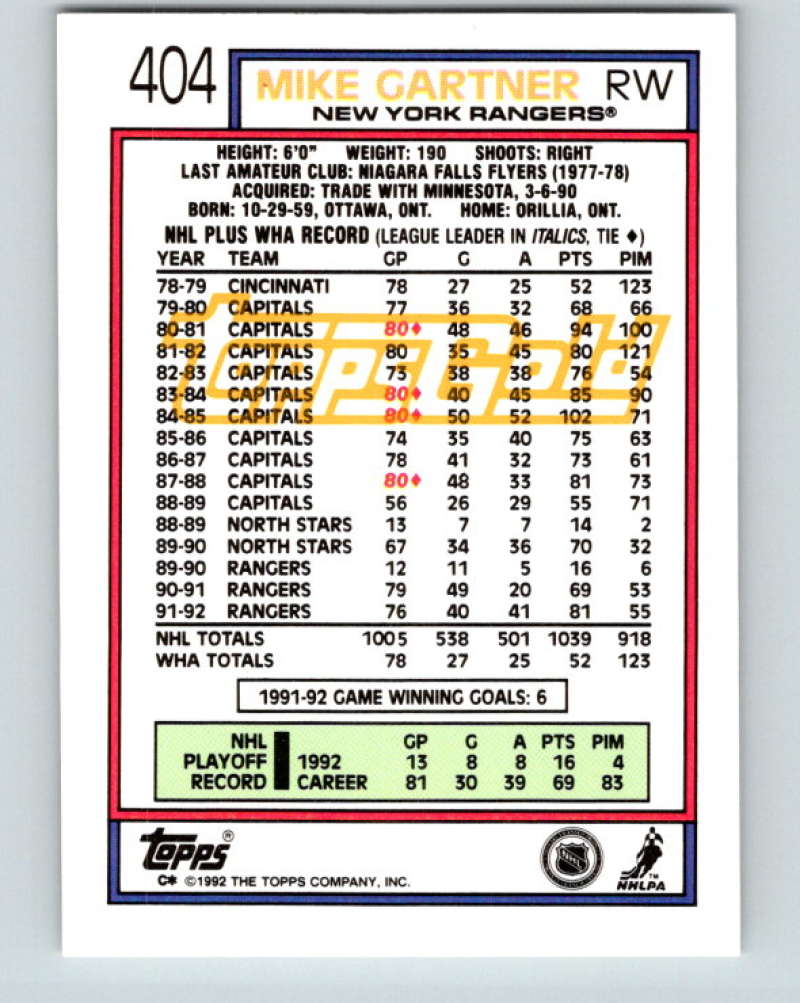 1992-93 Topps Gold #404G Mike Gartner Mint New York Rangers