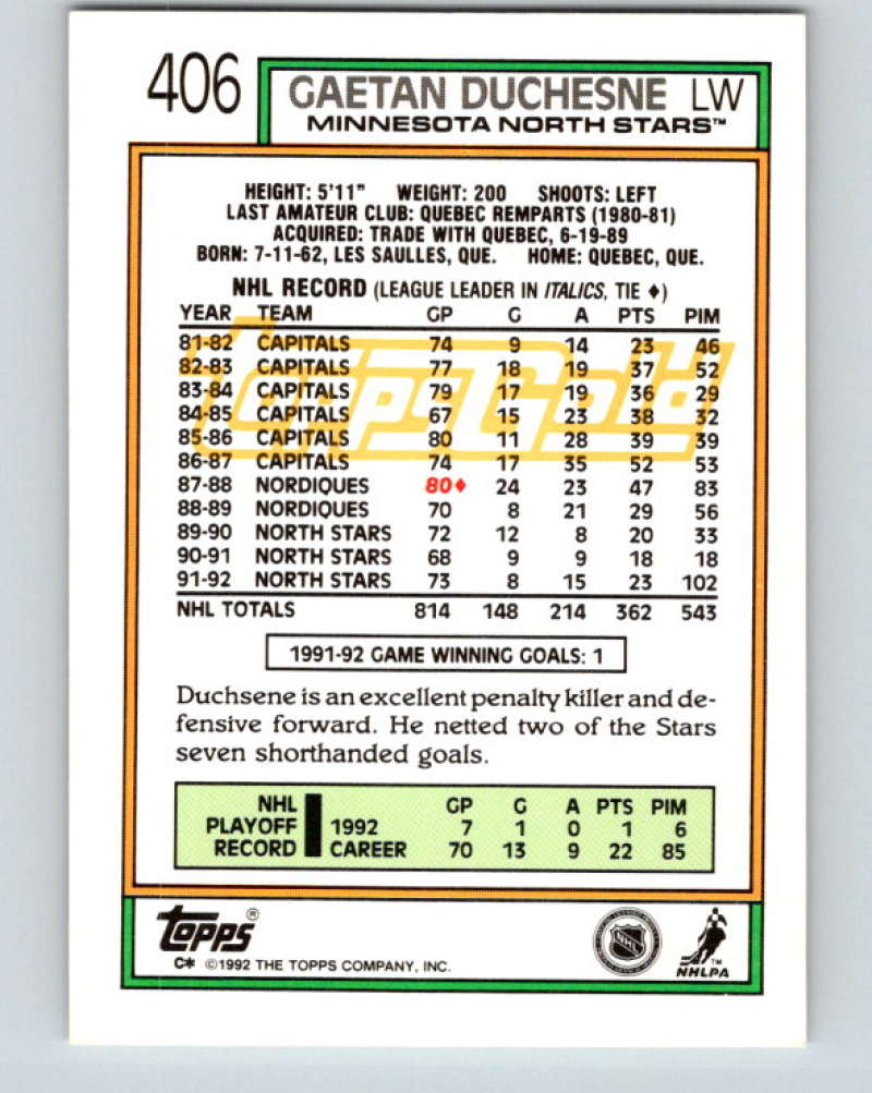 1992-93 Topps Gold #406G Gaetan Duchesne Mint Minnesota North Stars Image 2