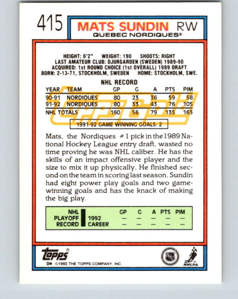 1992-93 Topps Gold #415G Mats Sundin Mint Quebec Nordiques