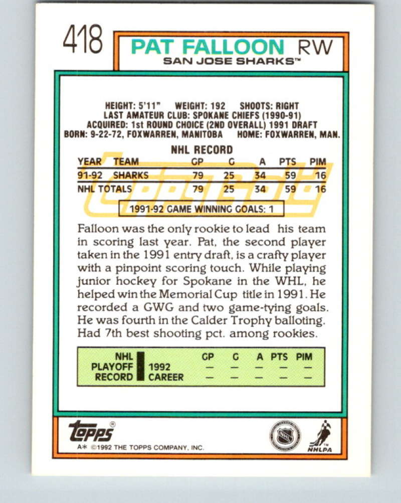 1992-93 Topps Gold #418G Pat Falloon Mint San Jose Sharks