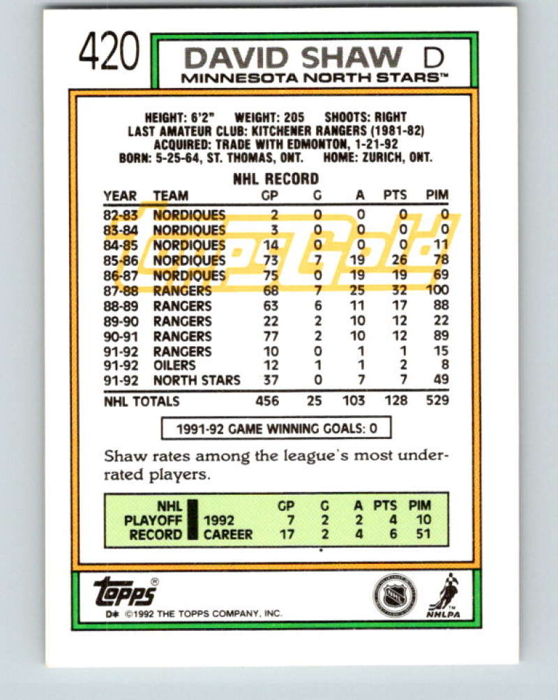 1992-93 Topps Gold #420G David Shaw Mint Minnesota North Stars