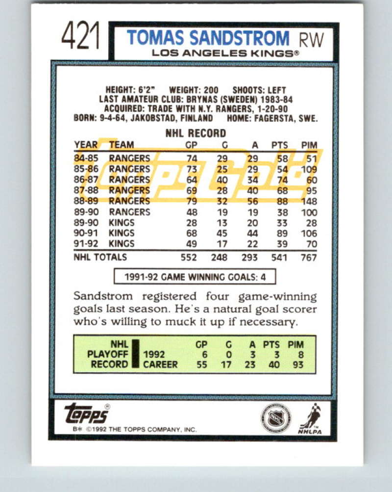 1992-93 Topps Gold #421G Tomas Sandstrom Mint Los Angeles Kings