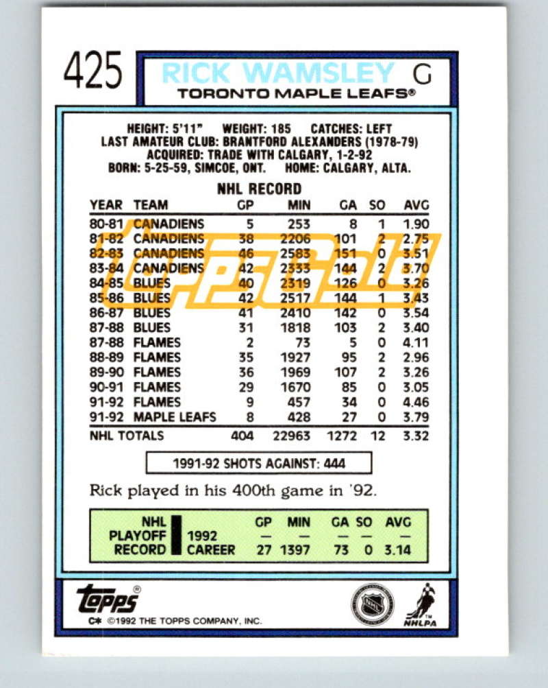 1992-93 Topps Gold #425G Rick Wamsley Mint Toronto Maple Leafs