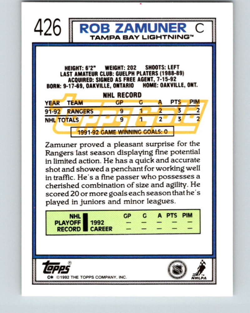 1992-93 Topps Gold #426G Rob Zamuner Mint New York Rangers Image 2