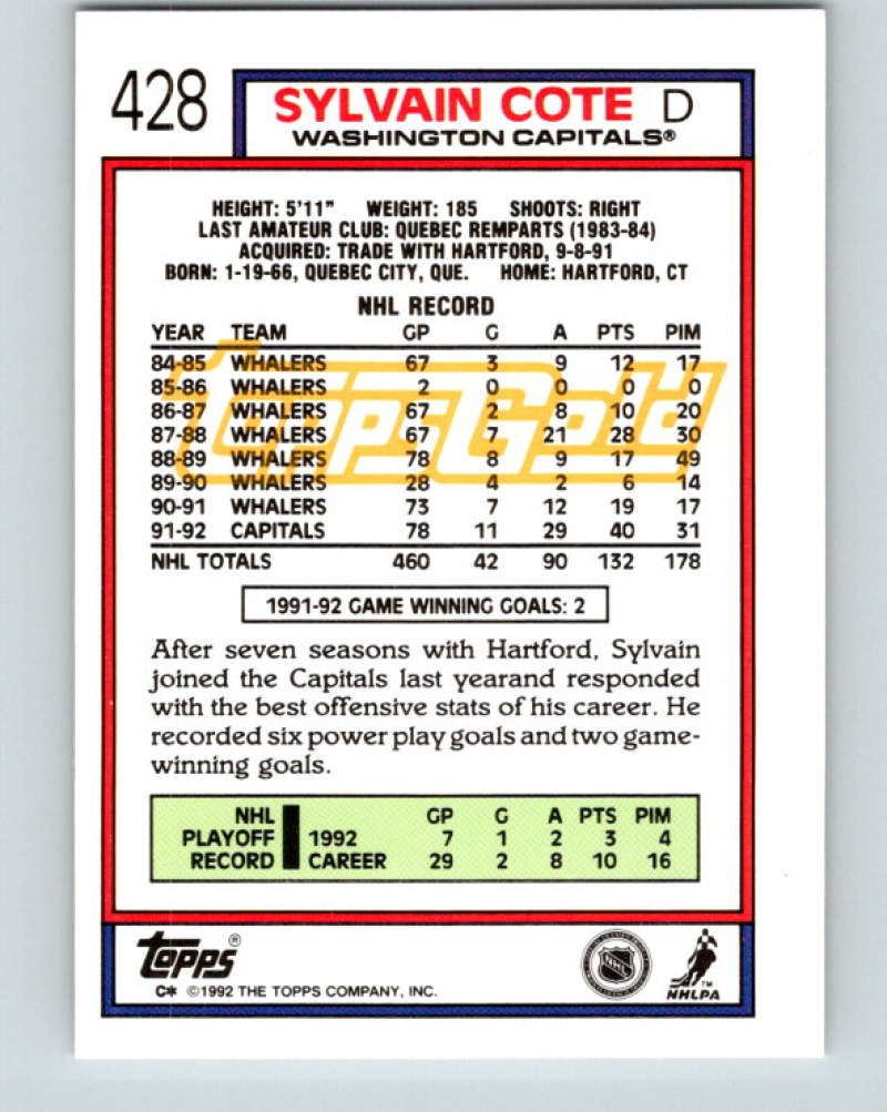 1992-93 Topps Gold #428G Sylvain Cote Mint Washington Capitals Image 2