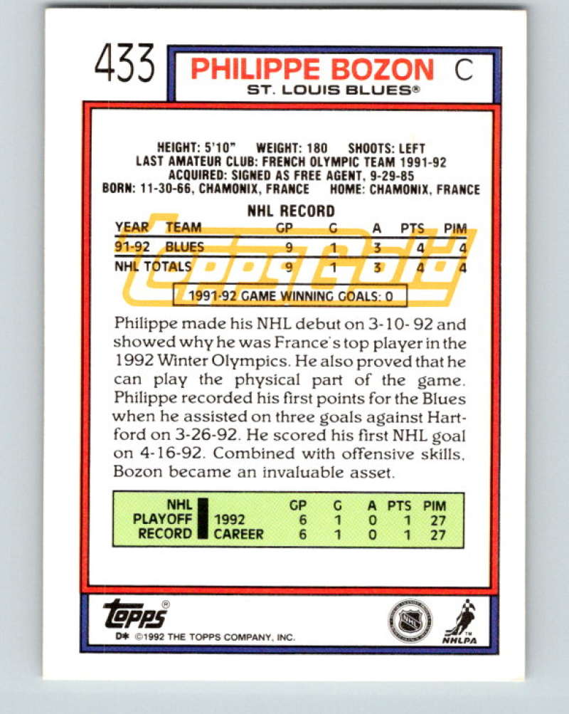 1992-93 Topps Gold #433G Philippe Bozon Mint St. Louis Blues Image 2