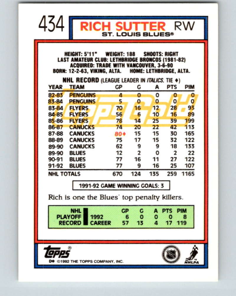1992-93 Topps Gold #434G Rich Sutter Mint St. Louis Blues
