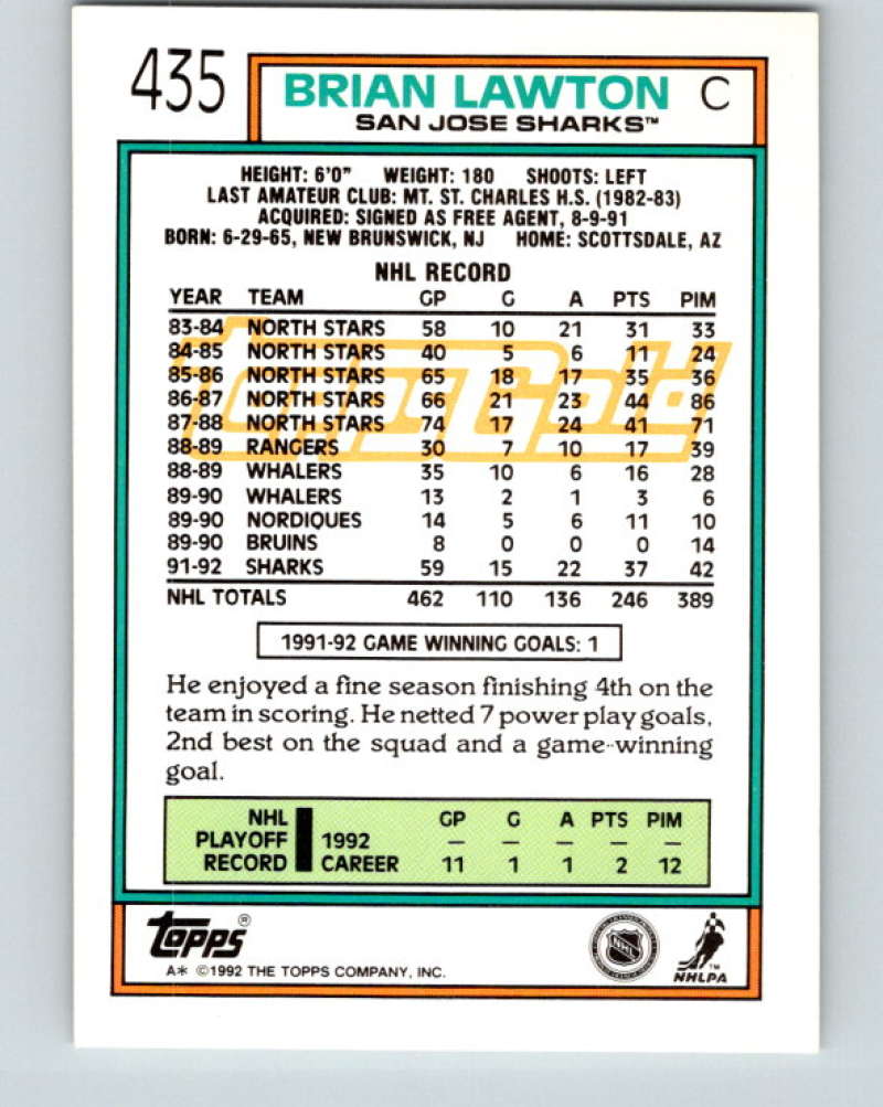 1992-93 Topps Gold #435G Brian Lawton Mint San Jose Sharks