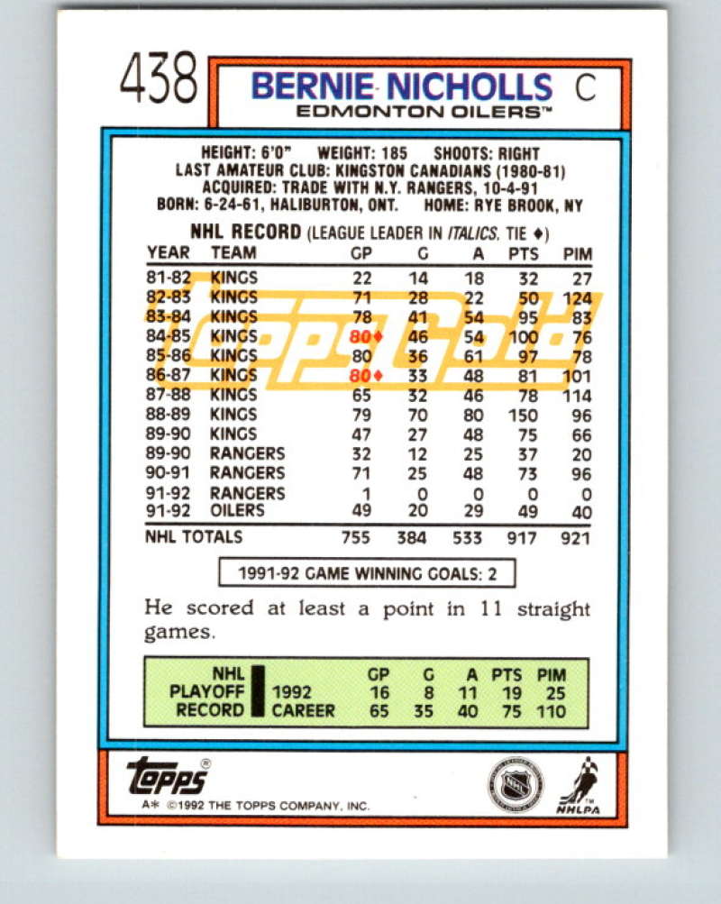 1992-93 Topps Gold #438G Bernie Nicholls Mint Edmonton Oilers