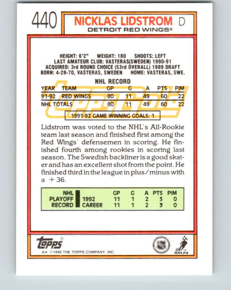 1992-93 Topps Gold #440G Nicklas Lidstrom Mint Detroit Red Wings