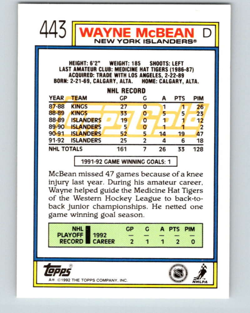 1992-93 Topps Gold #443G Wayne McBean Mint New York Islanders