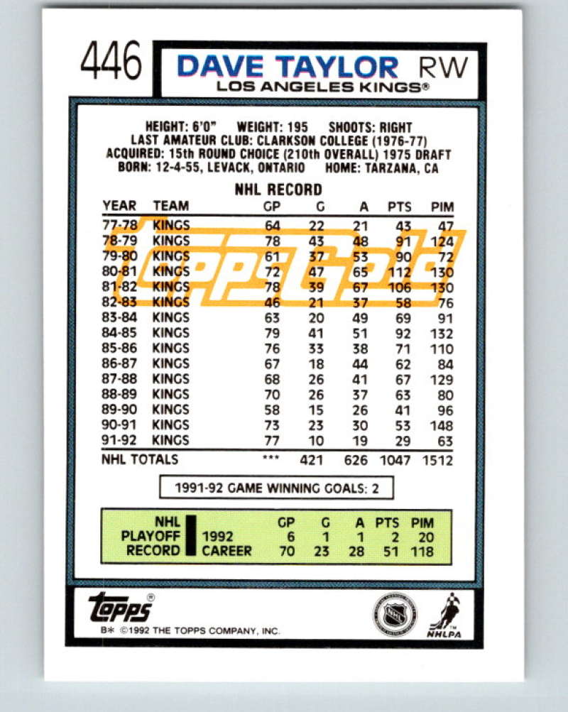 1992-93 Topps Gold #446G Dave Taylor UER Mint Los Angeles Kings Image 2