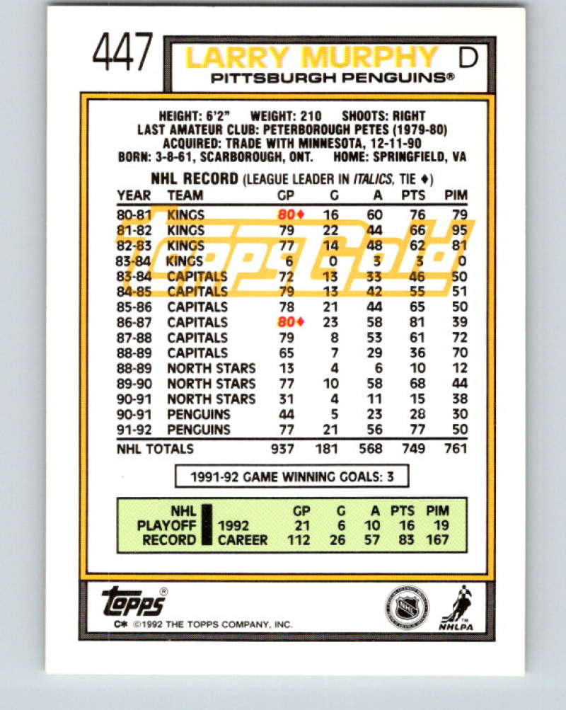 1992-93 Topps Gold #447G Larry Murphy Mint Pittsburgh Penguins
