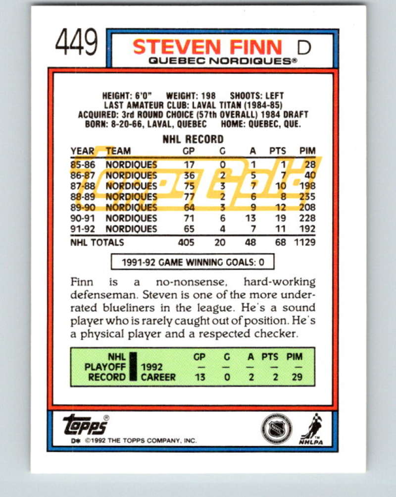 1992-93 Topps Gold #449G Steven Finn Mint Quebec Nordiques