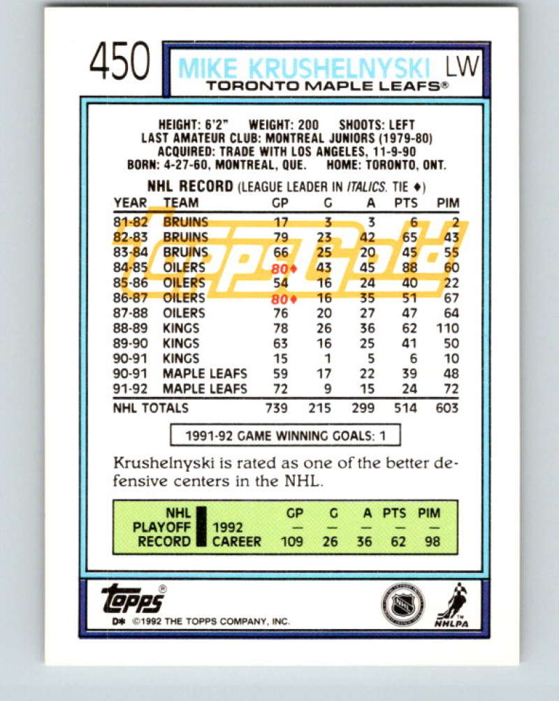 1992-93 Topps Gold #450G Mike Krushelnyski Mint Toronto Maple Leafs