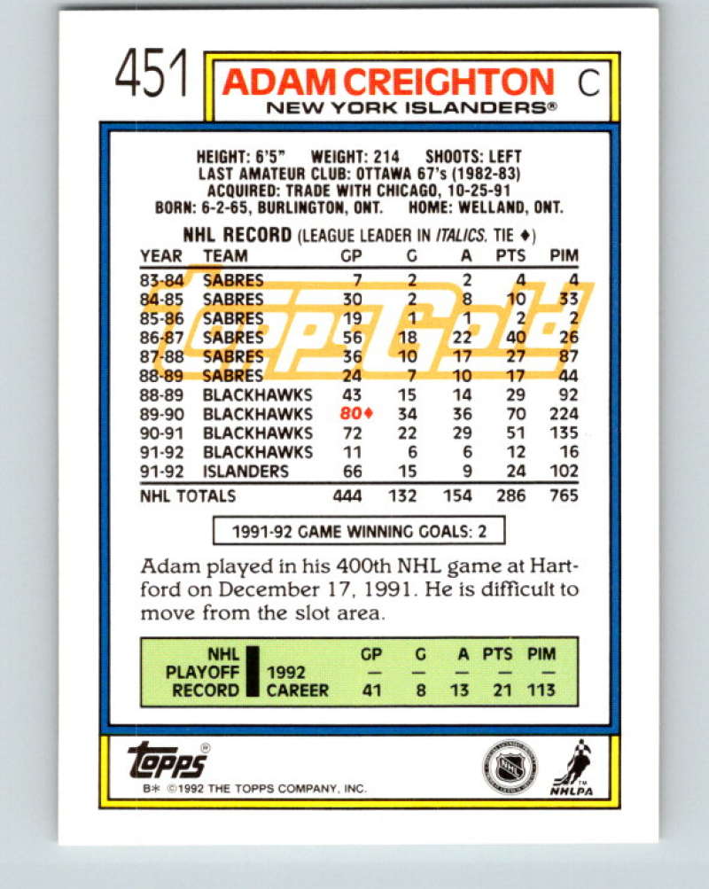1992-93 Topps Gold #451G Adam Creighton Mint New York Islanders