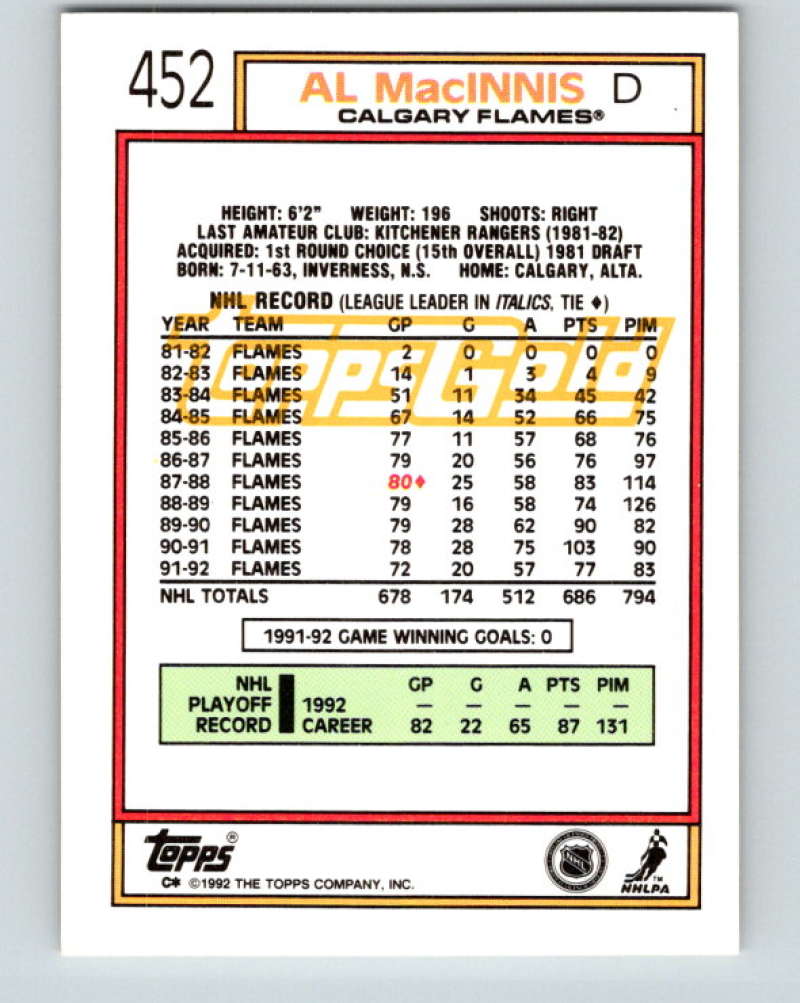 1992-93 Topps Gold #452G Al MacInnis Mint Calgary Flames