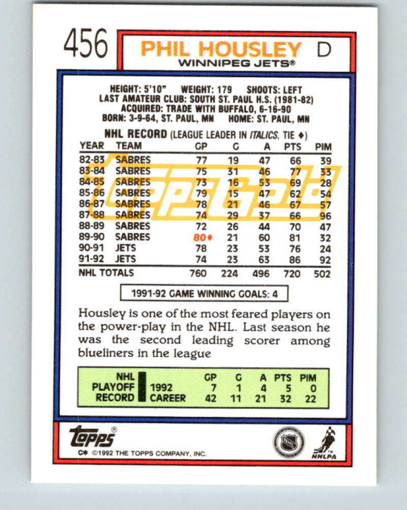 1992-93 Topps Gold #456G Phil Housley Mint Winnipeg Jets Image 2