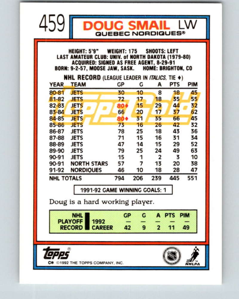 1992-93 Topps Gold #459G Doug Smail Mint Quebec Nordiques