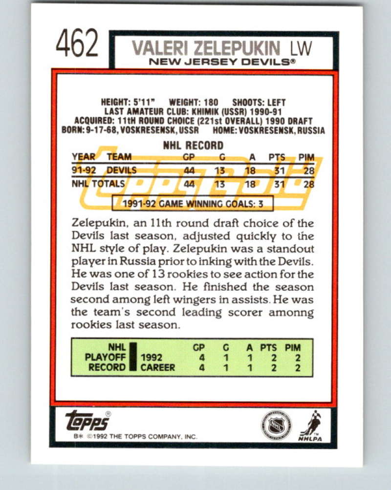1992-93 Topps Gold #462G Valeri Zelepukin Mint New Jersey Devils