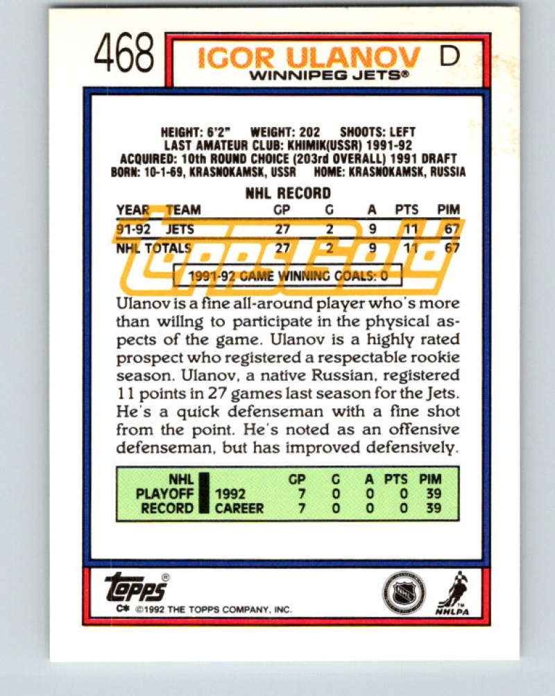 1992-93 Topps Gold #468G Igor Ulanov Mint Winnipeg Jets Image 2