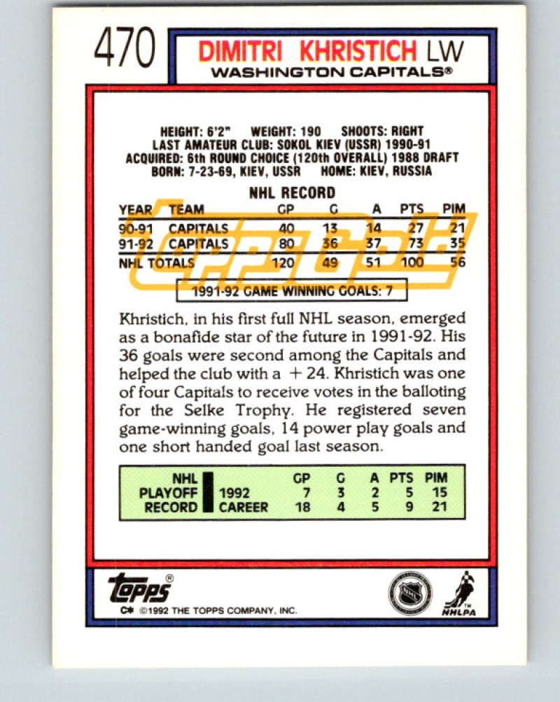 1992-93 Topps Gold #470G Dimitri Khristich Mint Washington Capitals Image 2