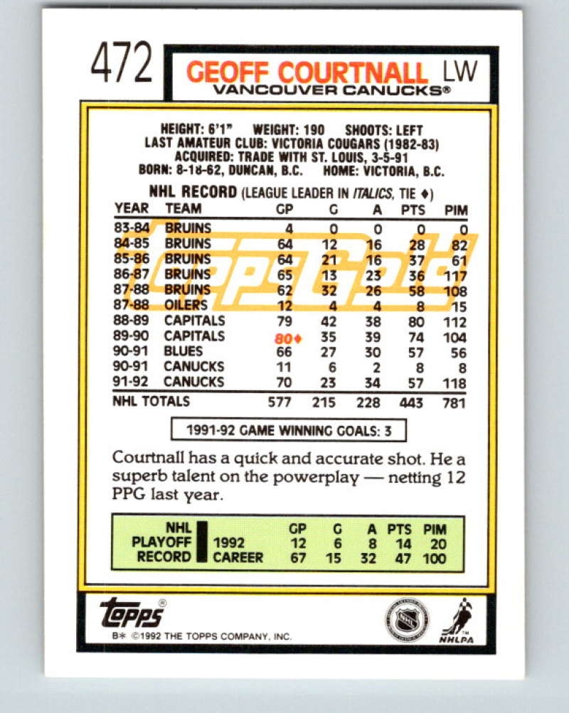 1992-93 Topps Gold #472G Geoff Courtnall Mint Vancouver Canucks