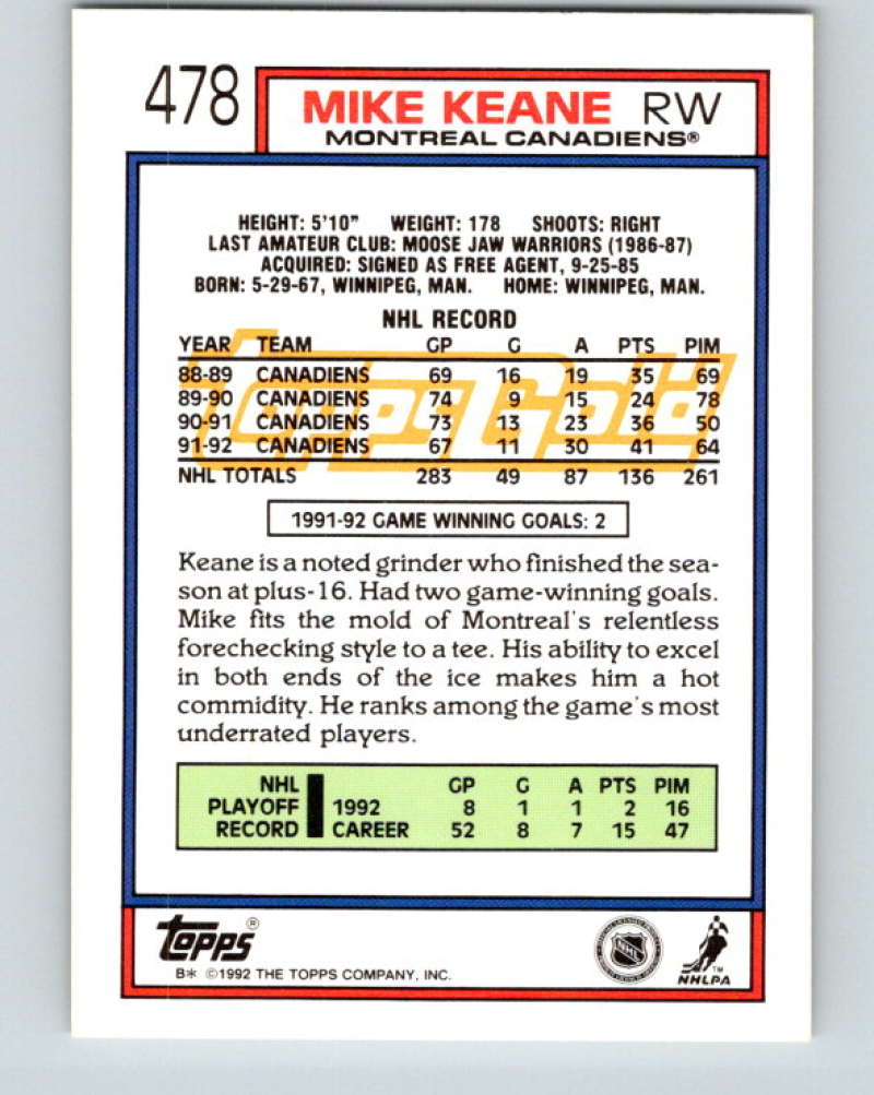 1992-93 Topps Gold #478G Mike Keane Mint Montreal Canadiens Image 2