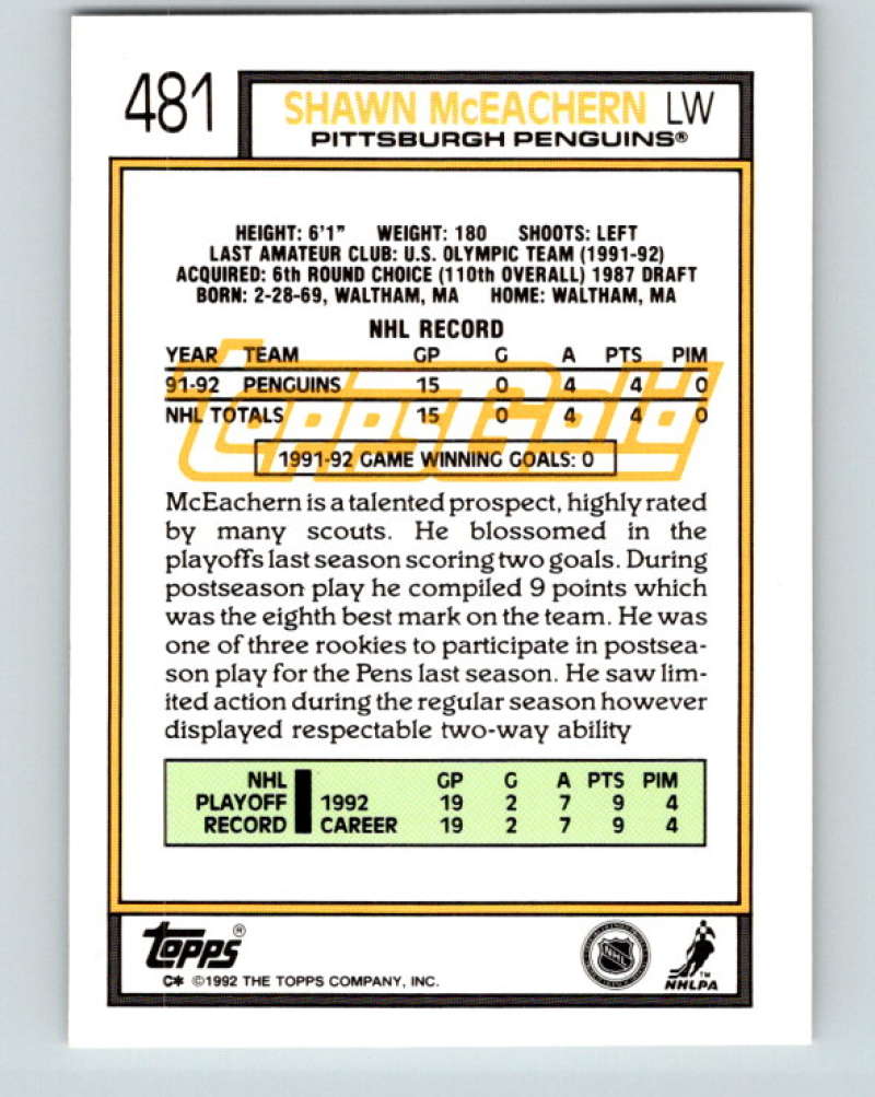 1992-93 Topps Gold #481G Shawn McEachern Mint Pittsburgh Penguins