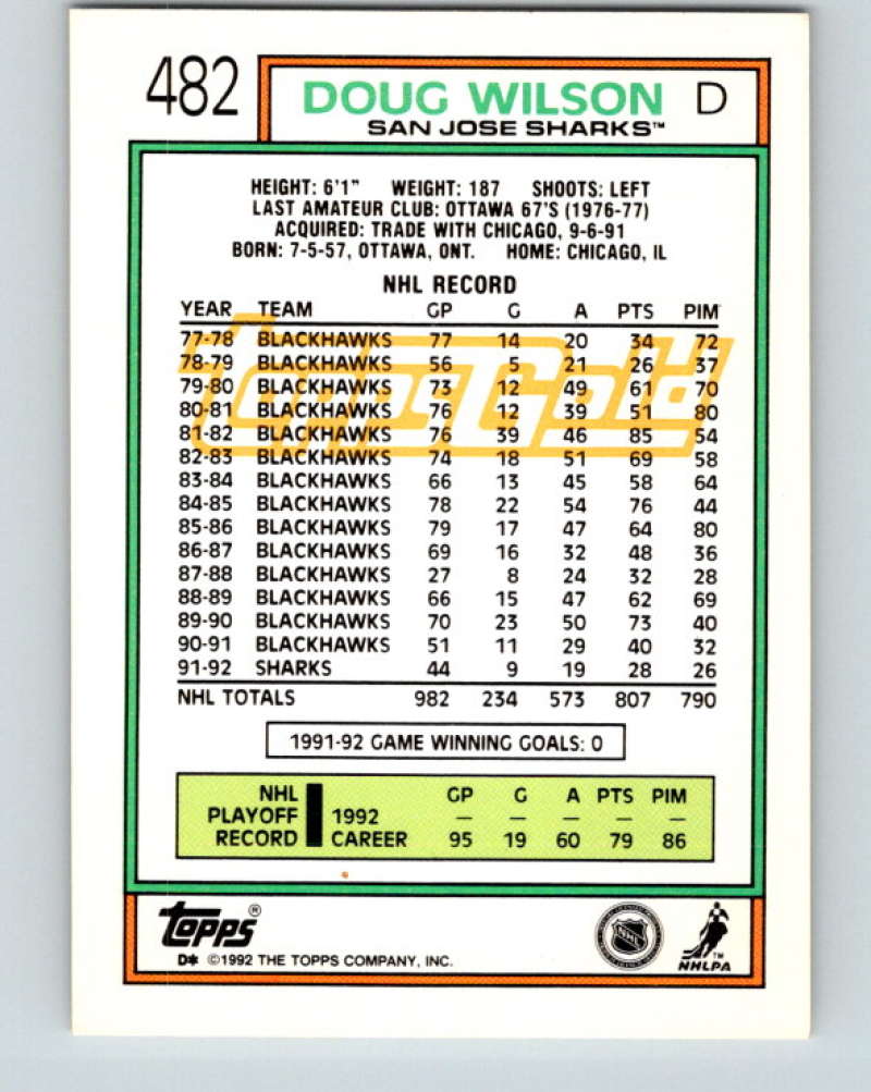 1992-93 Topps Gold #482G Doug Wilson Mint San Jose Sharks