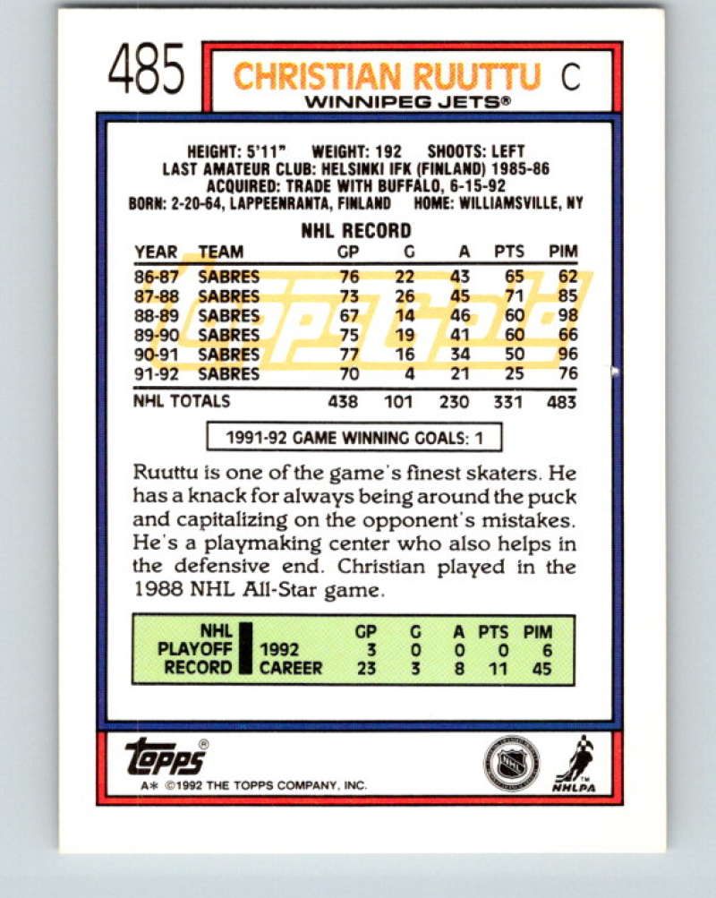 1992-93 Topps Gold #485G Christian Ruuttu Mint Buffalo Sabres