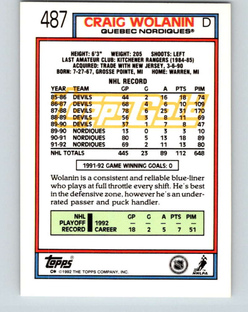 1992-93 Topps Gold #487G Craig Wolanin Mint Quebec Nordiques Image 2