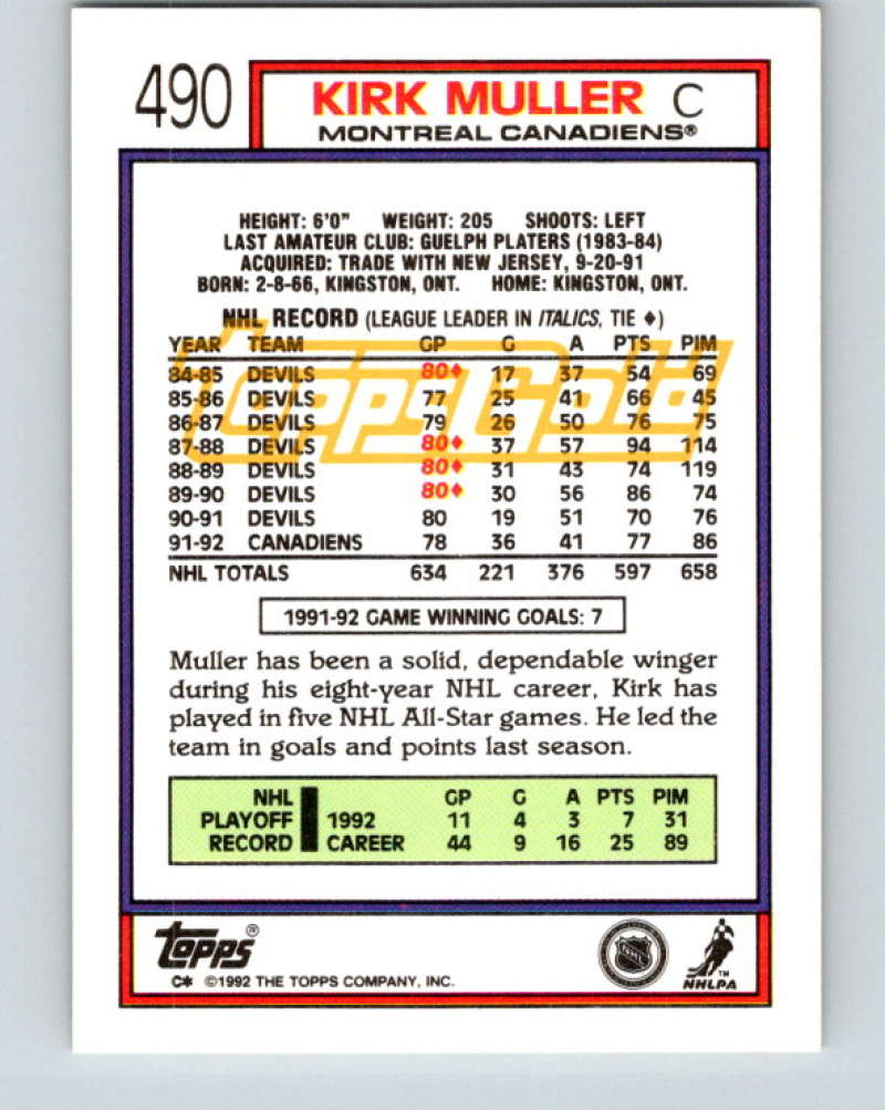 1992-93 Topps Gold #490G Kirk Muller Mint Montreal Canadiens