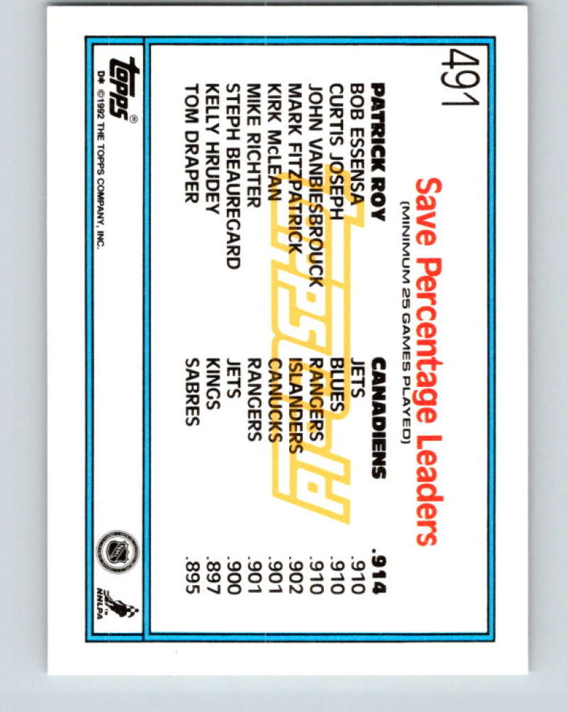 1992-93 Topps Gold #491G Patrick Roy LL Mint Montreal Canadiens