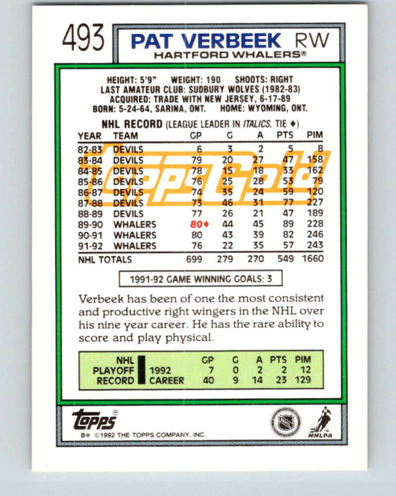 1992-93 Topps Gold #493G Pat Verbeek Mint Hartford Whalers Image 2
