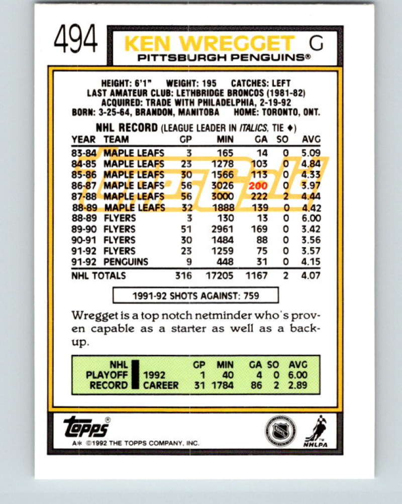 1992-93 Topps Gold #494G Ken Wregget Mint Pittsburgh Penguins
