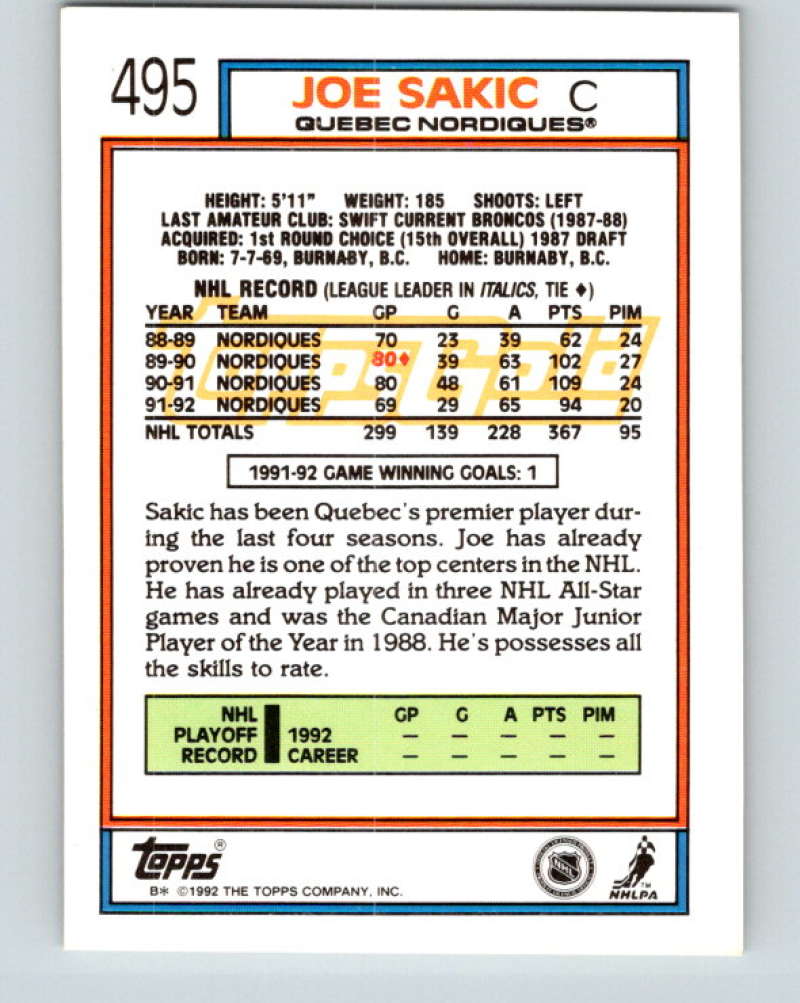 1992-93 Topps Gold #495G Joe Sakic Mint Quebec Nordiques