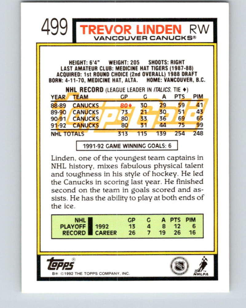 1992-93 Topps Gold #499G Trevor Linden Mint Vancouver Canucks