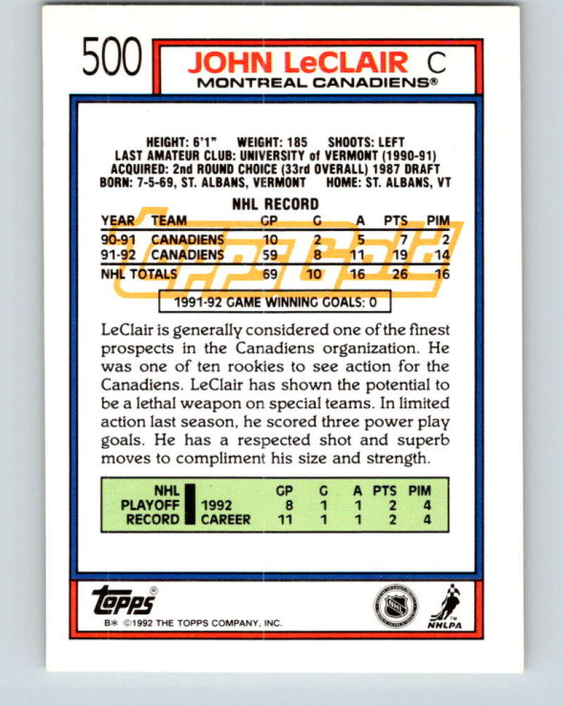 1992-93 Topps Gold #500G John LeClair Mint Montreal Canadiens