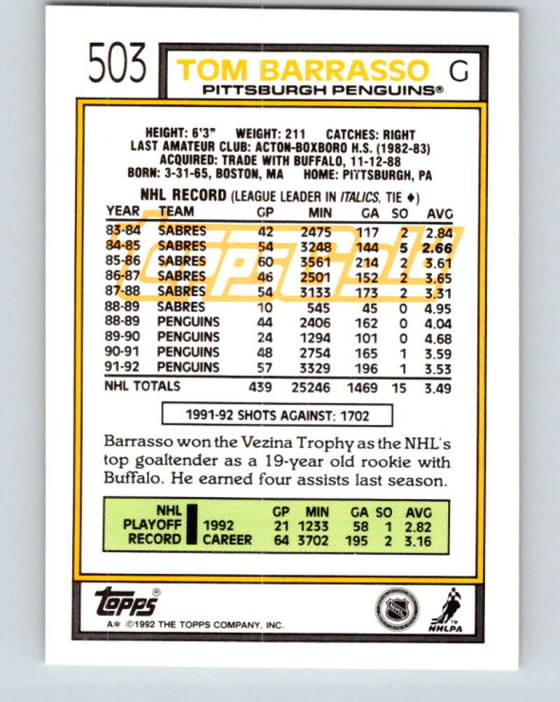 1992-93 Topps Gold #503G Tom Barrasso Mint Pittsburgh Penguins Image 2