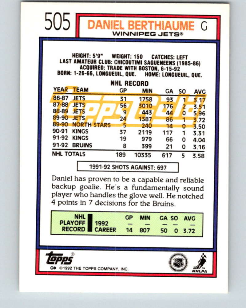 1992-93 Topps Gold #505G Daniel Berthiaume UER Mint Boston Bruins