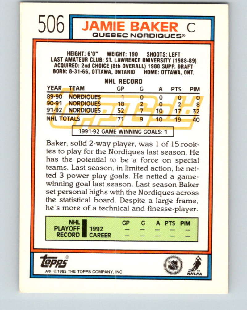 1992-93 Topps Gold #506G Jamie Baker Mint Quebec Nordiques Image 2