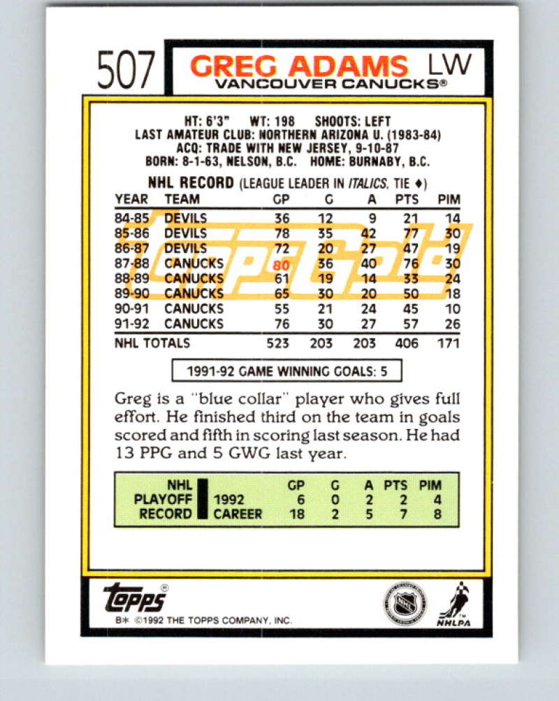 1992-93 Topps Gold #507G Greg Adams Mint Vancouver Canucks Image 2