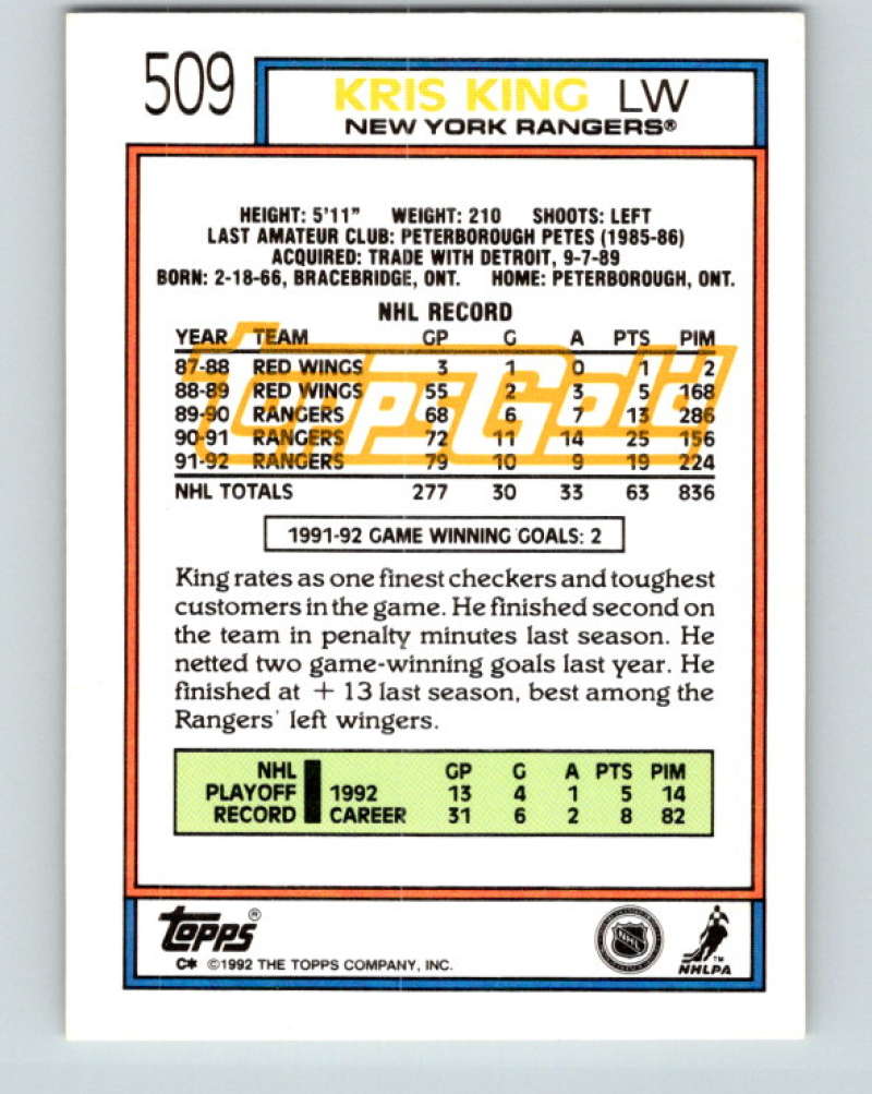 1992-93 Topps Gold #509G Kris King Mint New York Rangers Image 2
